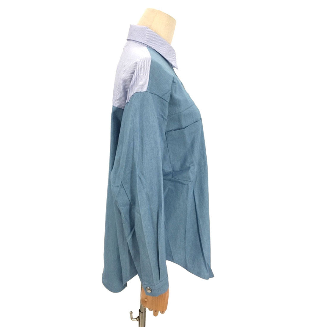 Amulet Denim-style patchwork blouse for women, shirt, long sleeves, top, autumn shirt, collared, striped, casual, adult, unique
