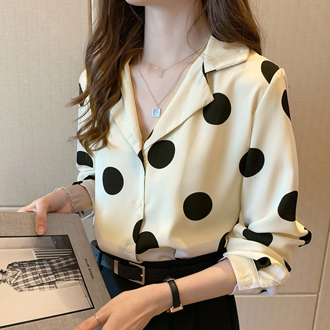 Amulet Polka Dot Blouse for Women, Long Sleeve, Open Collar, Unique, Casual, Relaxed