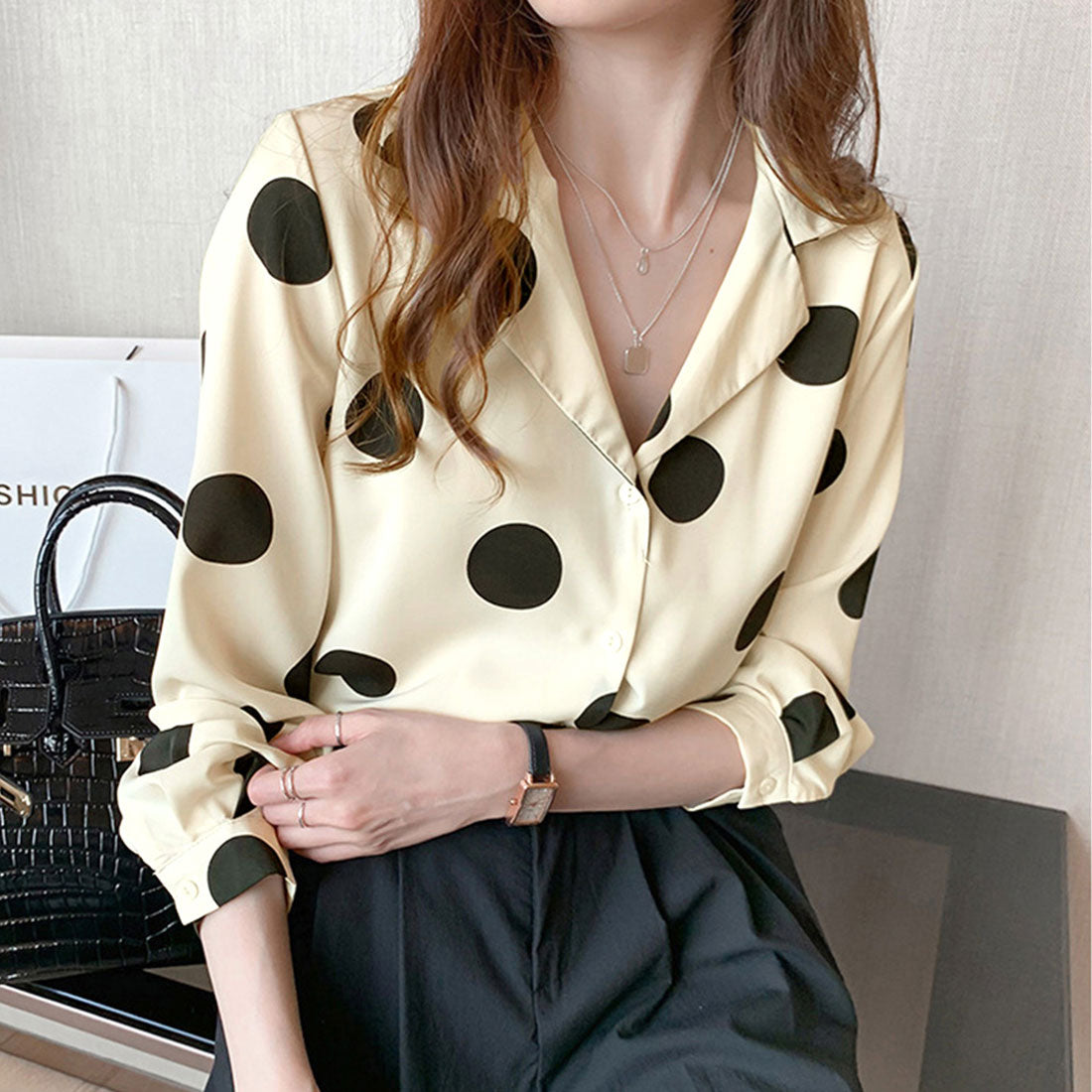 Amulet Polka Dot Blouse for Women, Long Sleeve, Open Collar, Unique, Casual, Relaxed