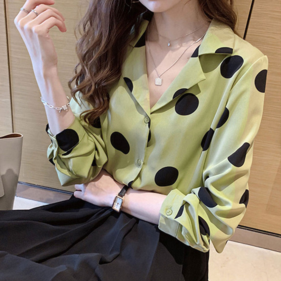 Amulet Polka Dot Blouse for Women, Long Sleeve, Open Collar, Unique, Casual, Relaxed