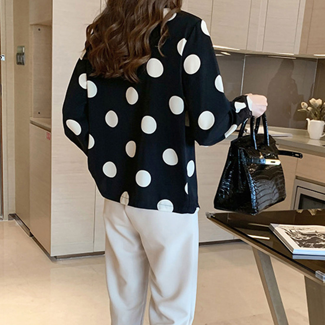 Amulet Polka Dot Blouse for Women, Long Sleeve, Open Collar, Unique, Casual, Relaxed