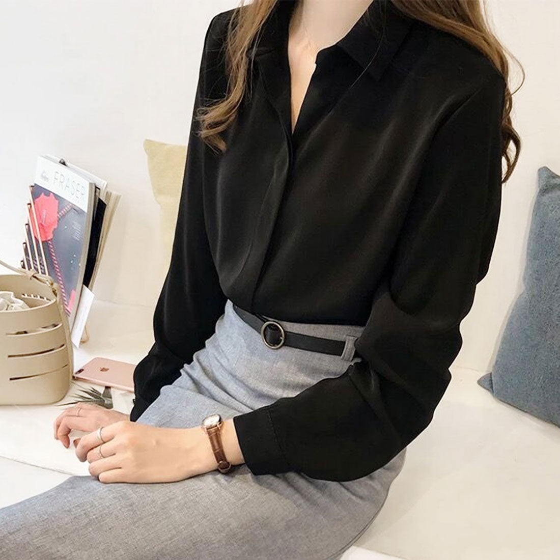 アミュレット Amulet スキッパーブラウス レディース 長袖 無地 プルオン 通勤 シンプル きれい目