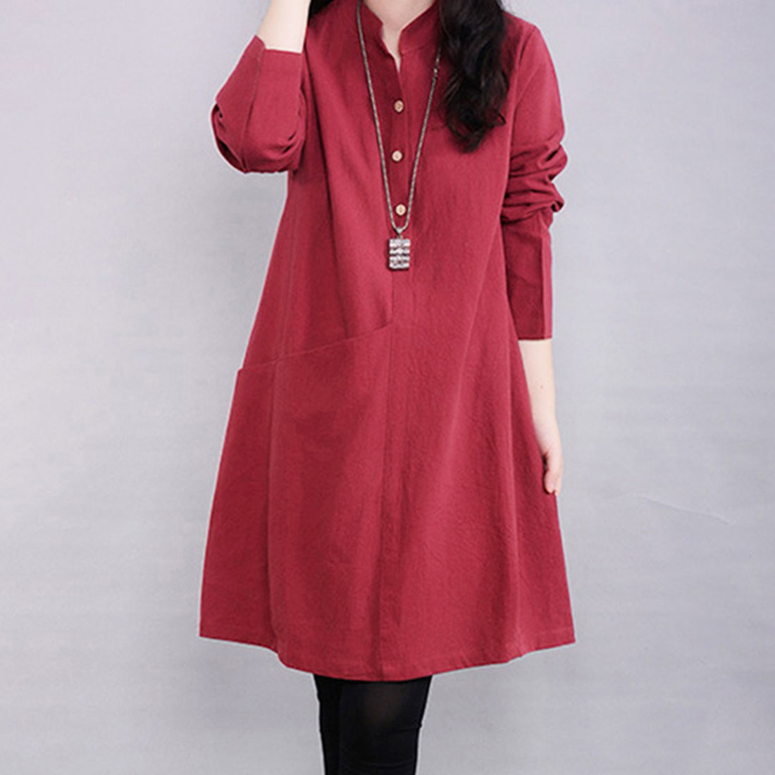アミュレット Amulet ノーカラーシャツワンピース レディース 長袖 ひざ丈 無地 シンプル ゆったり ナチュラル （ワインレッド） ワインレッド