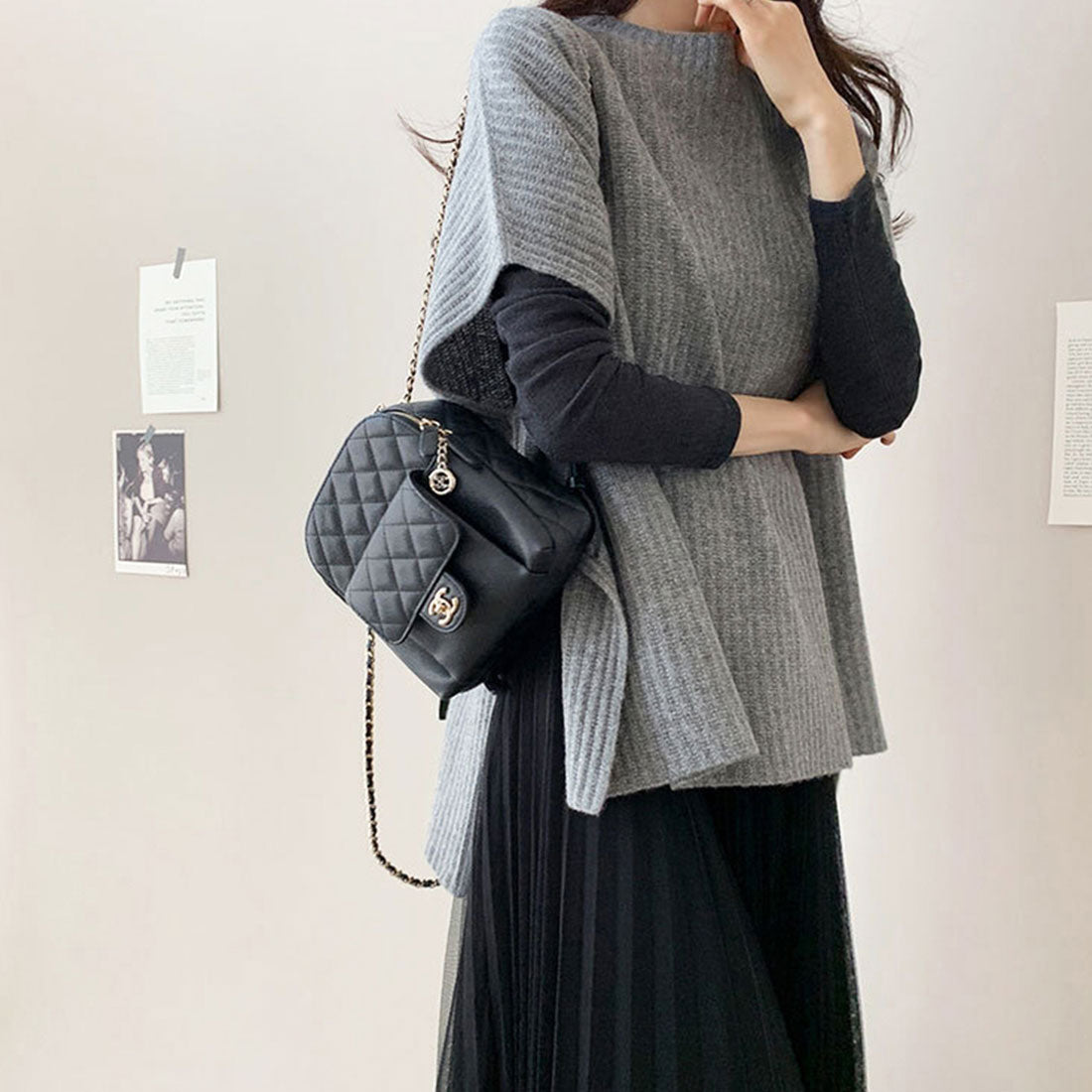 アミュレット Amulet レイヤード風ニットベスト レディース トップス 袖あり 無地 スリット ゆったり シンプル