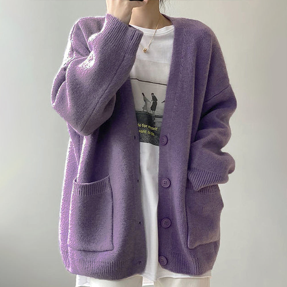 アミュレット Amulet ポケット付きニットカーディガン レディース Vネック 無地 温かい 色違い シンプル （ホワイト） ホワイト