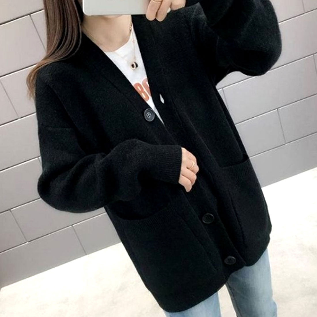 アミュレット Amulet ポケット付きニットカーディガン レディース Vネック 無地 温かい 色違い シンプル （ホワイト） ホワイト