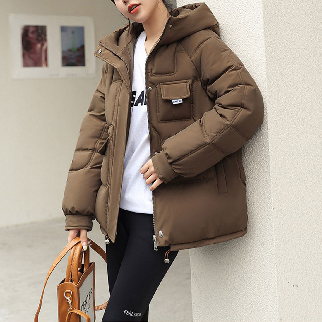 アミュレット Amulet フード付きアウター レディース アウター 長袖 無地 秋服 冬服 10代 20代 30代 韓国ファッション 韓国 大きいサイズ ストリート アウトドア ポケット