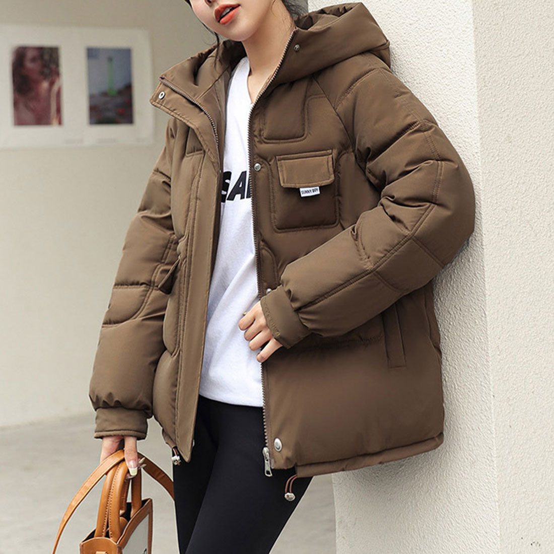 アミュレット Amulet フード付きアウター レディース アウター 長袖 無地 秋服 冬服 10代 20代 30代 韓国ファッション 韓国 大きいサイズ ストリート アウトドア ポケット