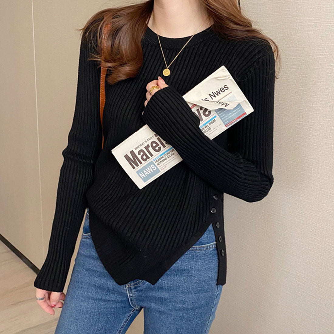 護身符護身符側鈕扣實驗室針織女士在20年代30年代30年代韓國時尚韓國辦公室休閒純淨的成年人