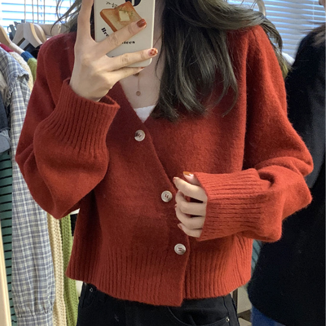 護身符的護身符v脖子前鈕扣開衫女士頂部長袖衣服上衣10s 20s 20s 30s韓國時尚辦公室cajual cajual短長長