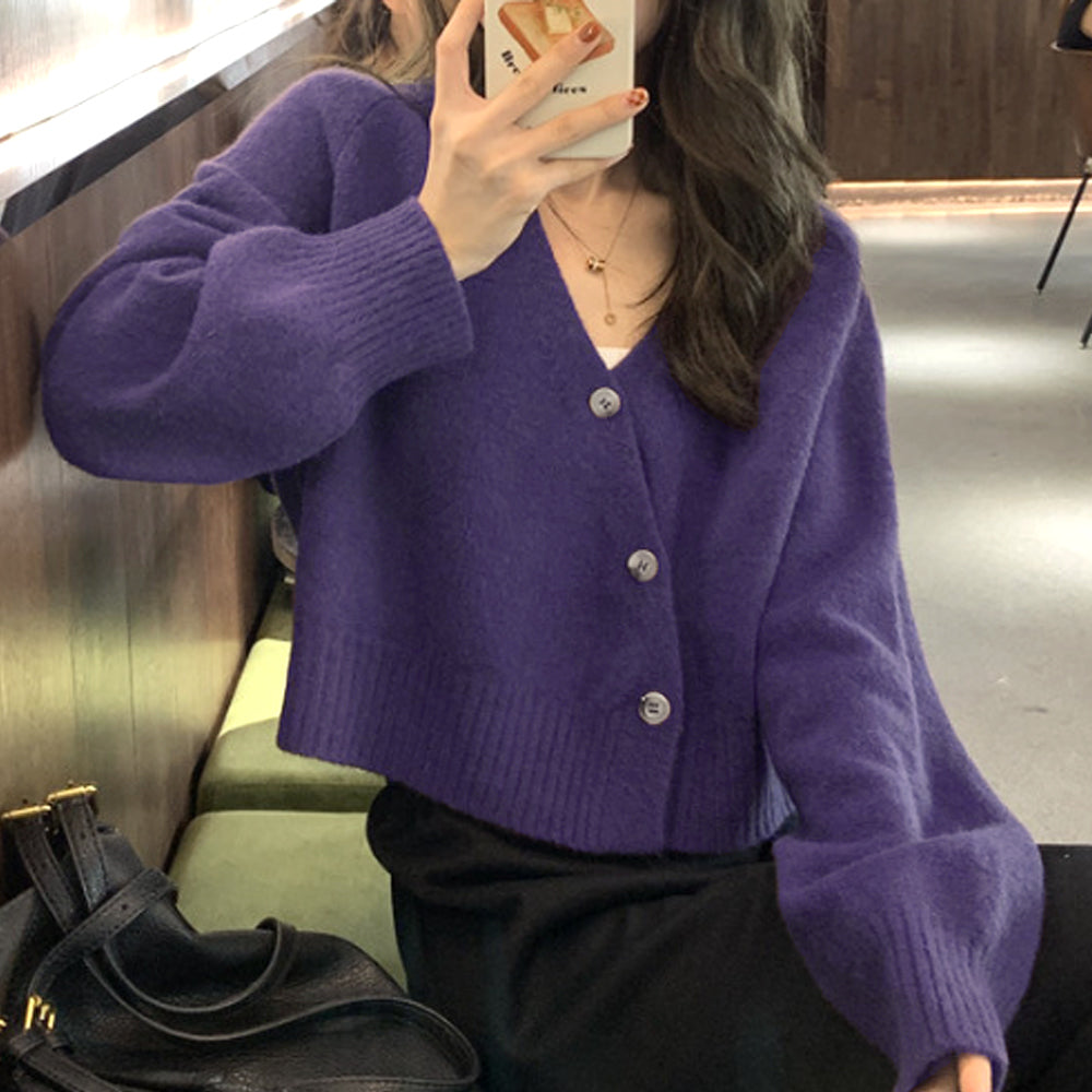護身符的護身符v脖子前鈕扣開衫女士頂部長袖衣服上衣10s 20s 20s 30s韓國時尚辦公室cajual cajual短長長