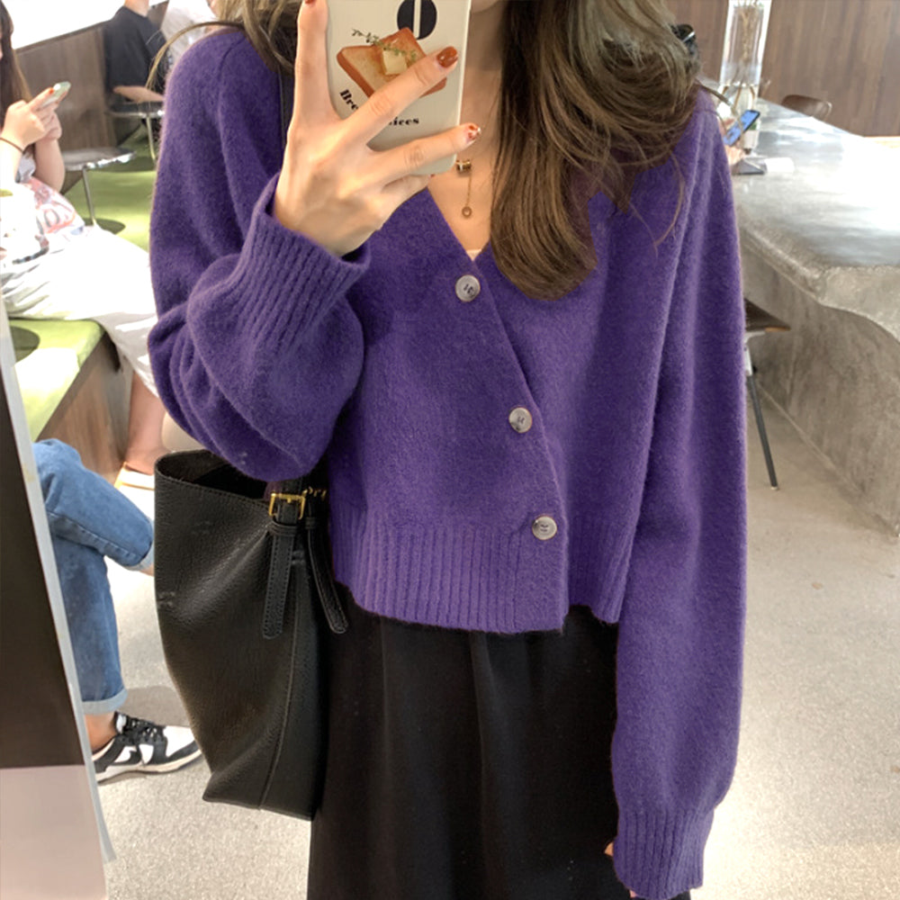 護身符的護身符v脖子前鈕扣開衫女士頂部長袖衣服上衣10s 20s 20s 30s韓國時尚辦公室cajual cajual短長長