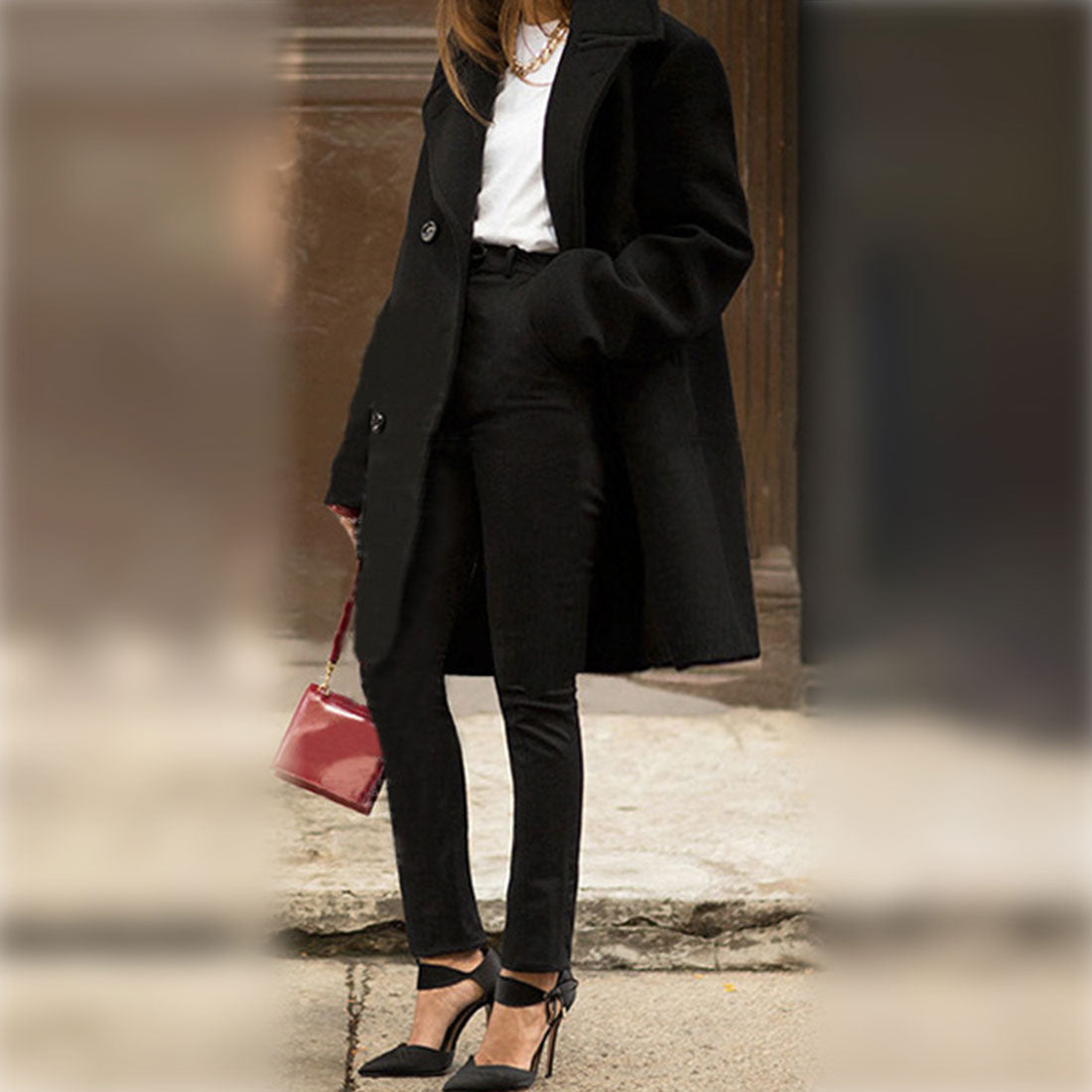 Amulet, collared chesterfield coat, women's outerwear, long sleeves, plain, autumn clothes, winter clothes, for teens, 20s, 30s, Korean fashion, Korean, office casual, simple