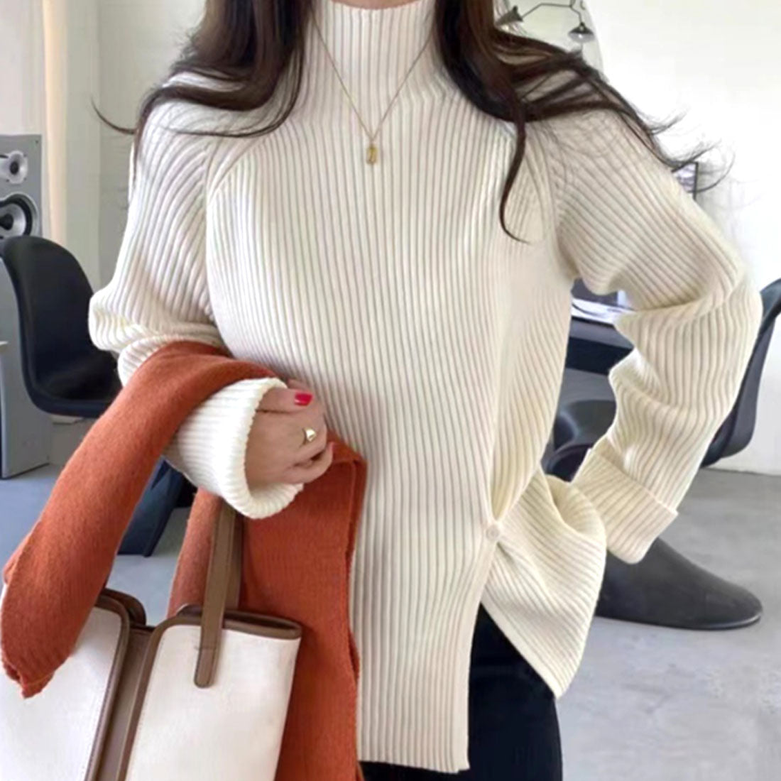 Amulet High-neck knit with slits for women, tops, long sleeves, autumn clothes, winter clothes, for teens, 20s, 30s, Korean fashion, Korean, plain, fo