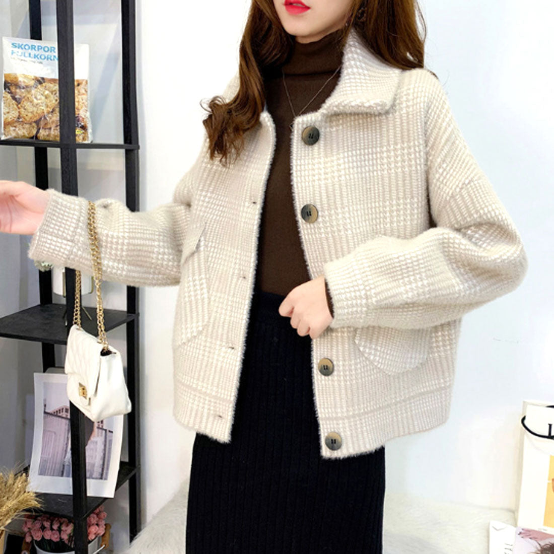 アミュレット Amulet チェック柄ジャケット レディース アウター 長袖 秋服 冬服 10代 20代 30代 韓国ファッション 韓国 ポケット 可愛い カジュアル,ホワイト