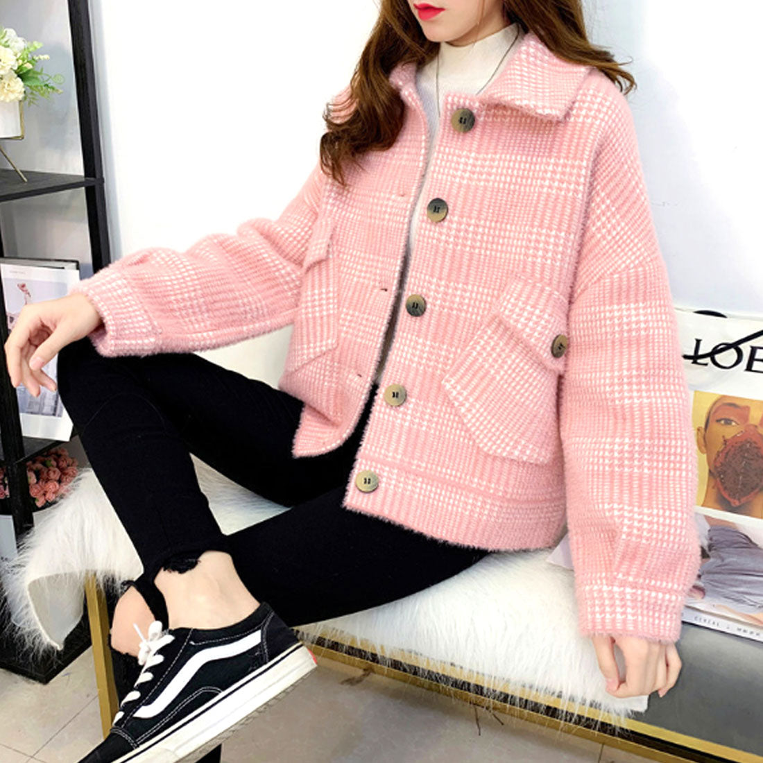 アミュレット Amulet チェック柄ジャケット レディース アウター 長袖 秋服 冬服 10代 20代 30代 韓国ファッション 韓国 ポケット 可愛い カジュアル