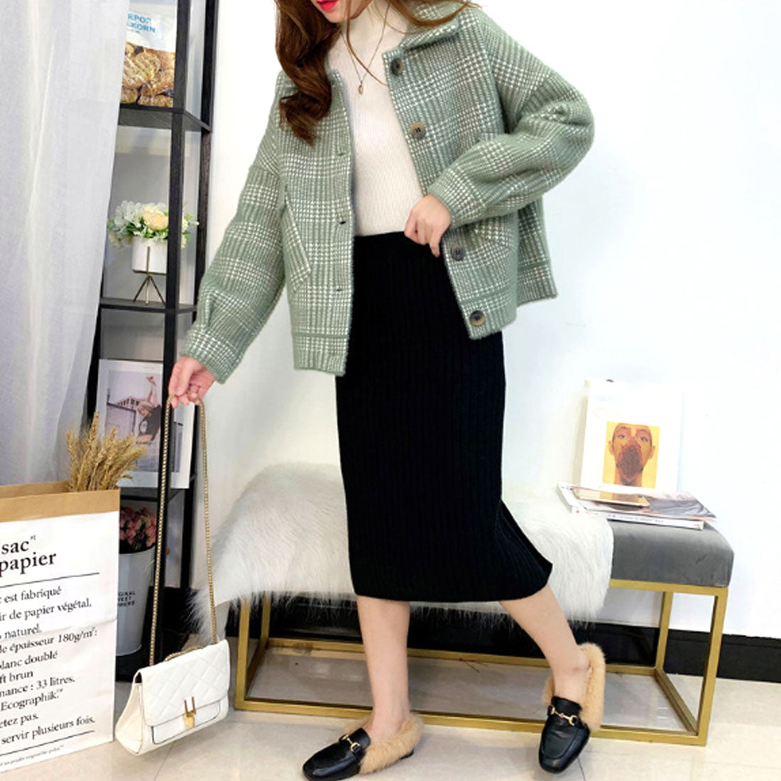 アミュレット Amulet チェック柄ジャケット レディース アウター 長袖 秋服 冬服 10代 20代 30代 韓国ファッション 韓国 ポケット 可愛い カジュアル
