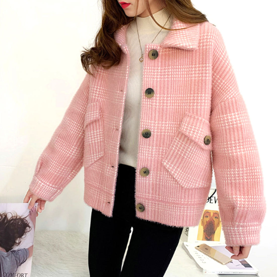 アミュレット Amulet チェック柄ジャケット レディース アウター 長袖 秋服 冬服 10代 20代 30代 韓国ファッション 韓国 ポケット 可愛い カジュアル