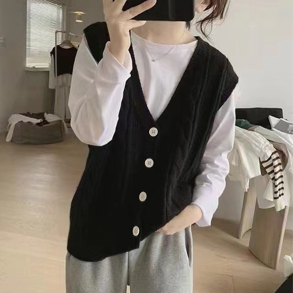 アミュレット Amulet Vネックニットベスト レディース トップス 秋服 冬服 10代 20代 30代 韓国ファッション 韓国 オフィスカジュアル シンプル ケーブル柄 ボタン