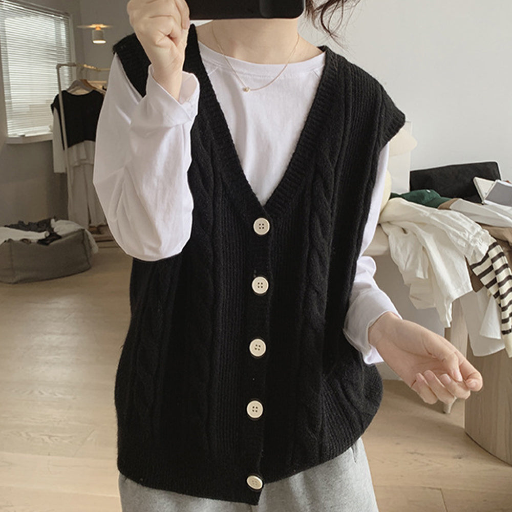 アミュレット Amulet Vネックニットベスト レディース トップス 秋服 冬服 10代 20代 30代 韓国ファッション 韓国 オフィスカジュアル シンプル ケーブル柄 ボタン
