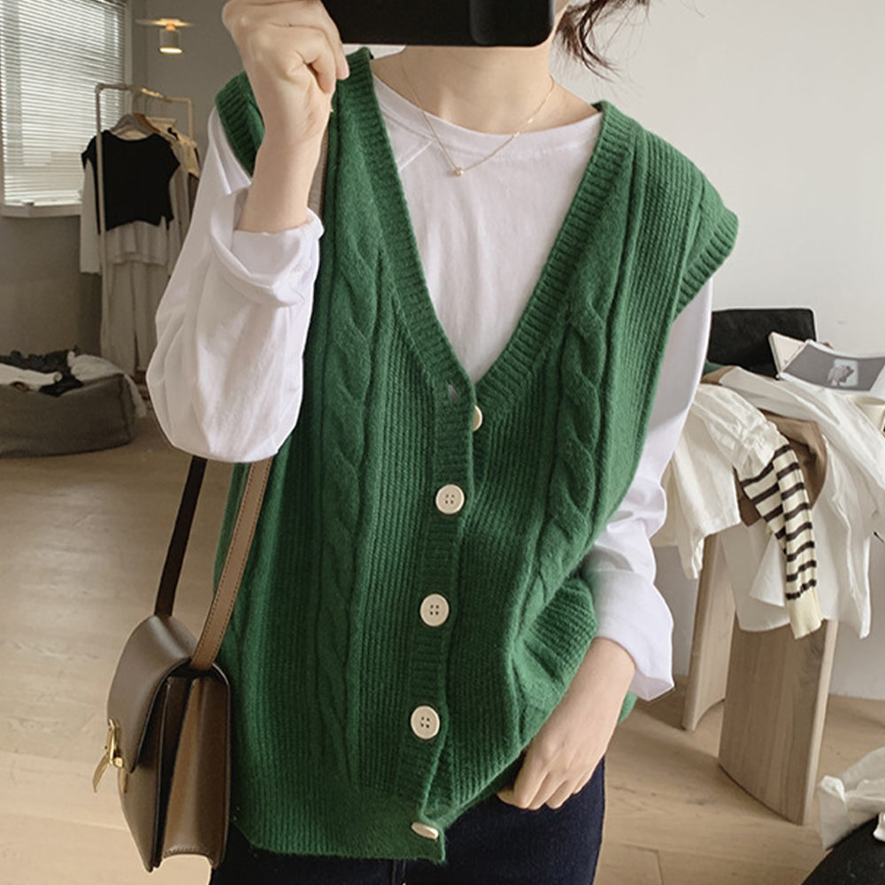 アミュレット Amulet Vネックニットベスト レディース トップス 秋服 冬服 10代 20代 30代 韓国ファッション 韓国 オフィスカジュアル シンプル ケーブル柄 ボタン