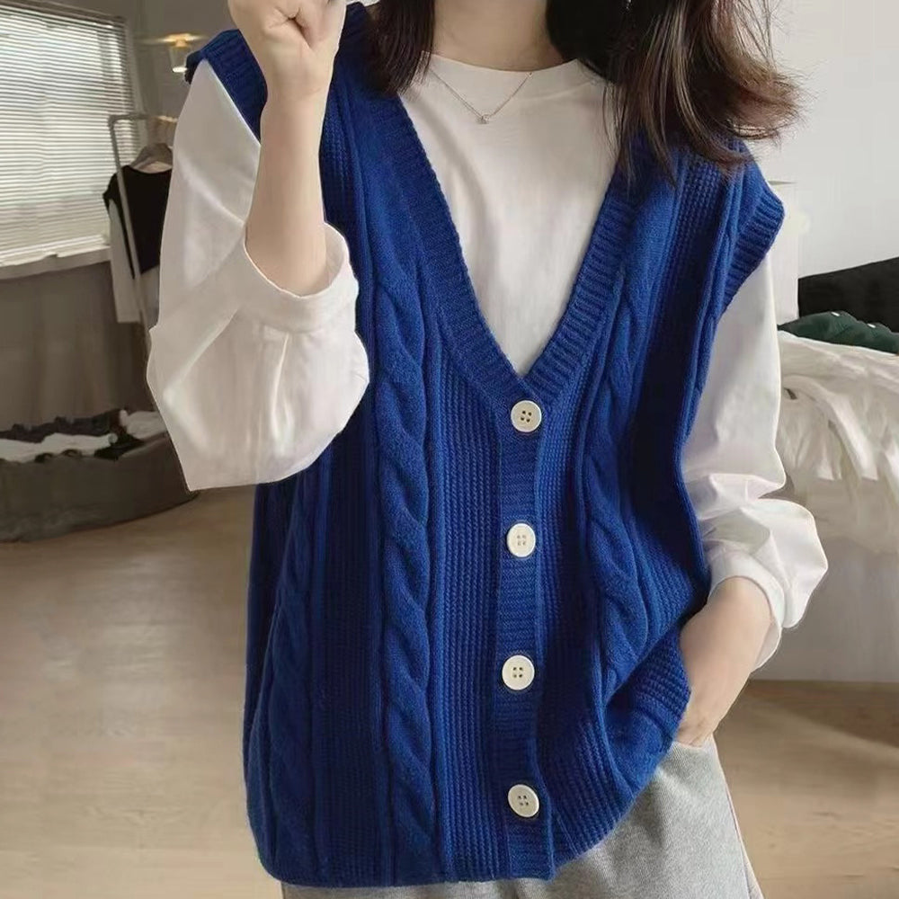 アミュレット Amulet Vネックニットベスト レディース トップス 秋服 冬服 10代 20代 30代 韓国ファッション 韓国 オフィスカジュアル シンプル ケーブル柄 ボタン