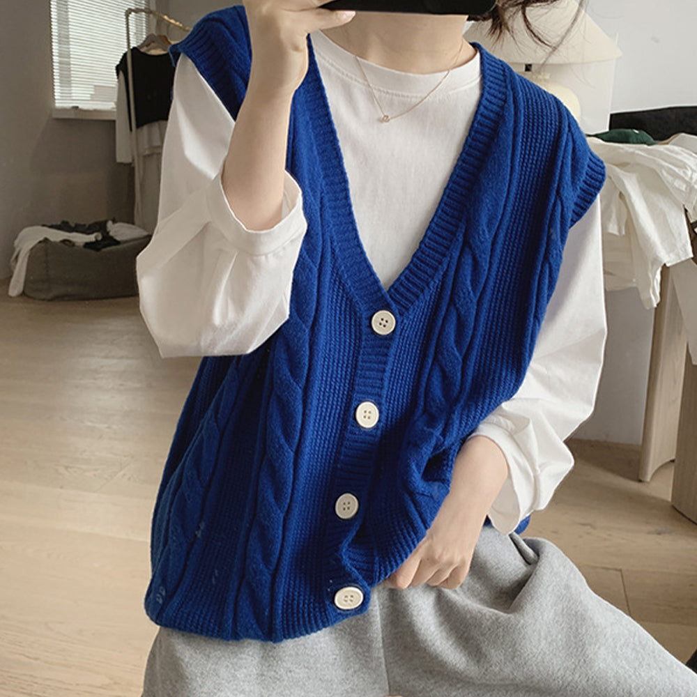 アミュレット Amulet Vネックニットベスト レディース トップス 秋服 冬服 10代 20代 30代 韓国ファッション 韓国 オフィスカジュアル シンプル ケーブル柄 ボタン