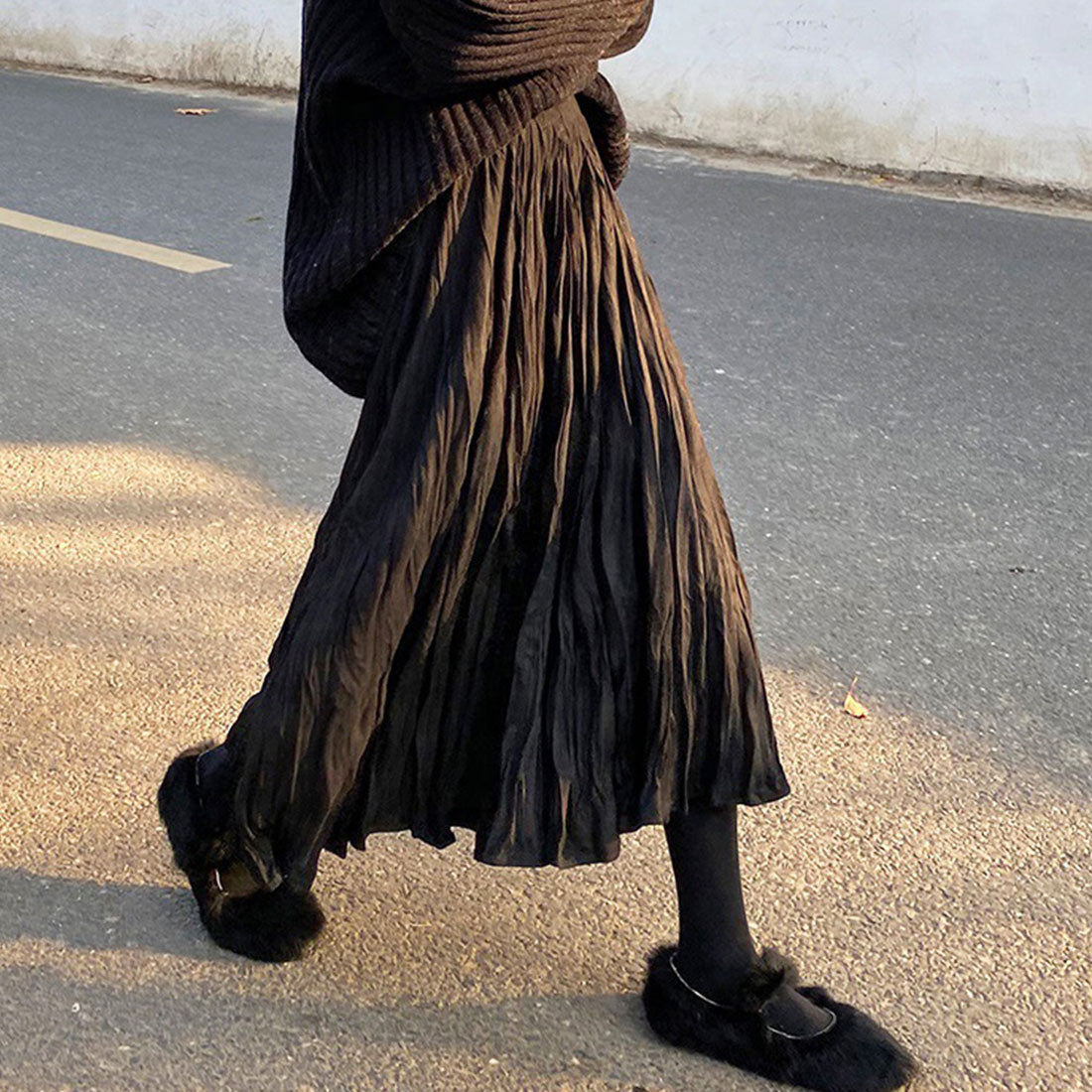 アミュレット Amulet ワッシャープリーツスカート レディース ボトムス 無地 ロング丈 秋服 冬服 10代 20代 30代 韓国ファッション 韓国 ウエストゴム 可愛い シンプル