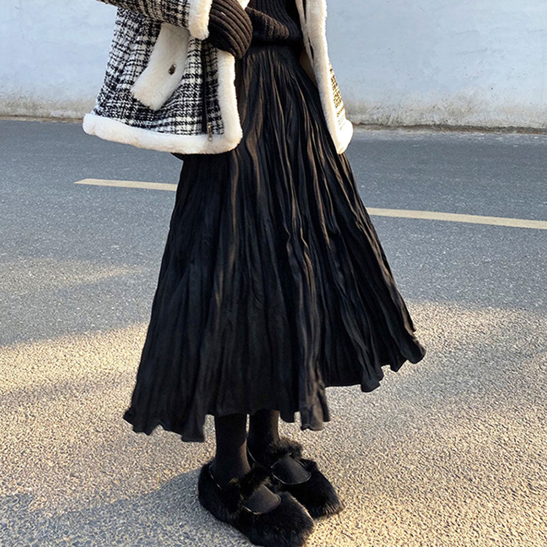 アミュレット Amulet ワッシャープリーツスカート レディース ボトムス 無地 ロング丈 秋服 冬服 10代 20代 30代 韓国ファッション 韓国 ウエストゴム 可愛い シンプル
