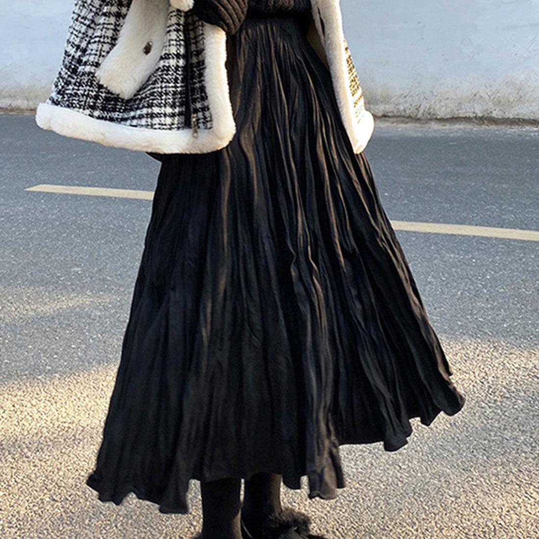 アミュレット Amulet ワッシャープリーツスカート レディース ボトムス 無地 ロング丈 秋服 冬服 10代 20代 30代 韓国ファッション 韓国 ウエストゴム 可愛い シンプル
