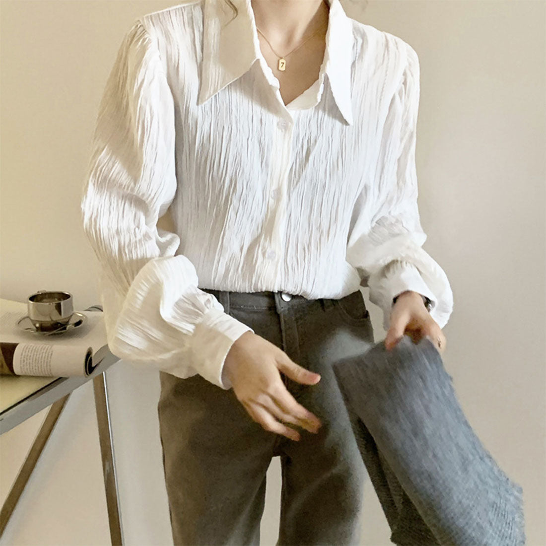 アミュレット Amulet ワッシャー加工シャツ レディース トップス 長袖 無地 10代 20代 30代 韓国ファッション 韓国 オフィスカジュアル シンプル 使い回し （ベージュ） ベージュ