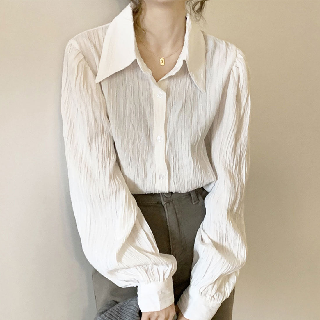 アミュレット Amulet ワッシャー加工シャツ レディース トップス 長袖 無地 10代 20代 30代 韓国ファッション 韓国 オフィスカジュアル シンプル 使い回し （ベージュ） ベージュ