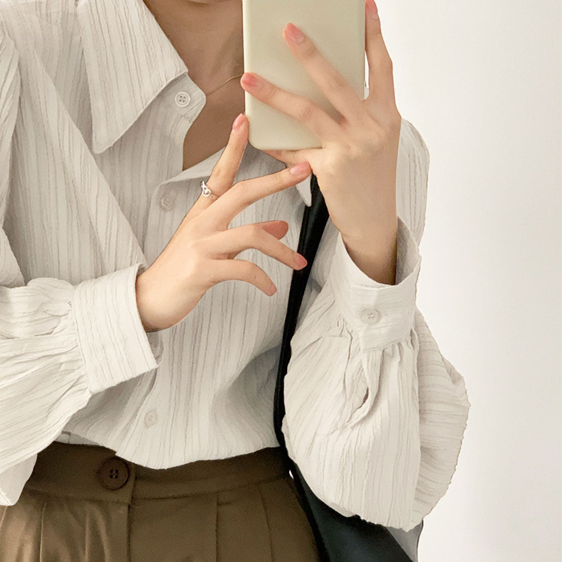 アミュレット Amulet ワッシャー加工シャツ レディース トップス 長袖 無地 10代 20代 30代 韓国ファッション 韓国 オフィスカジュアル シンプル 使い回し （ベージュ） ベージュ