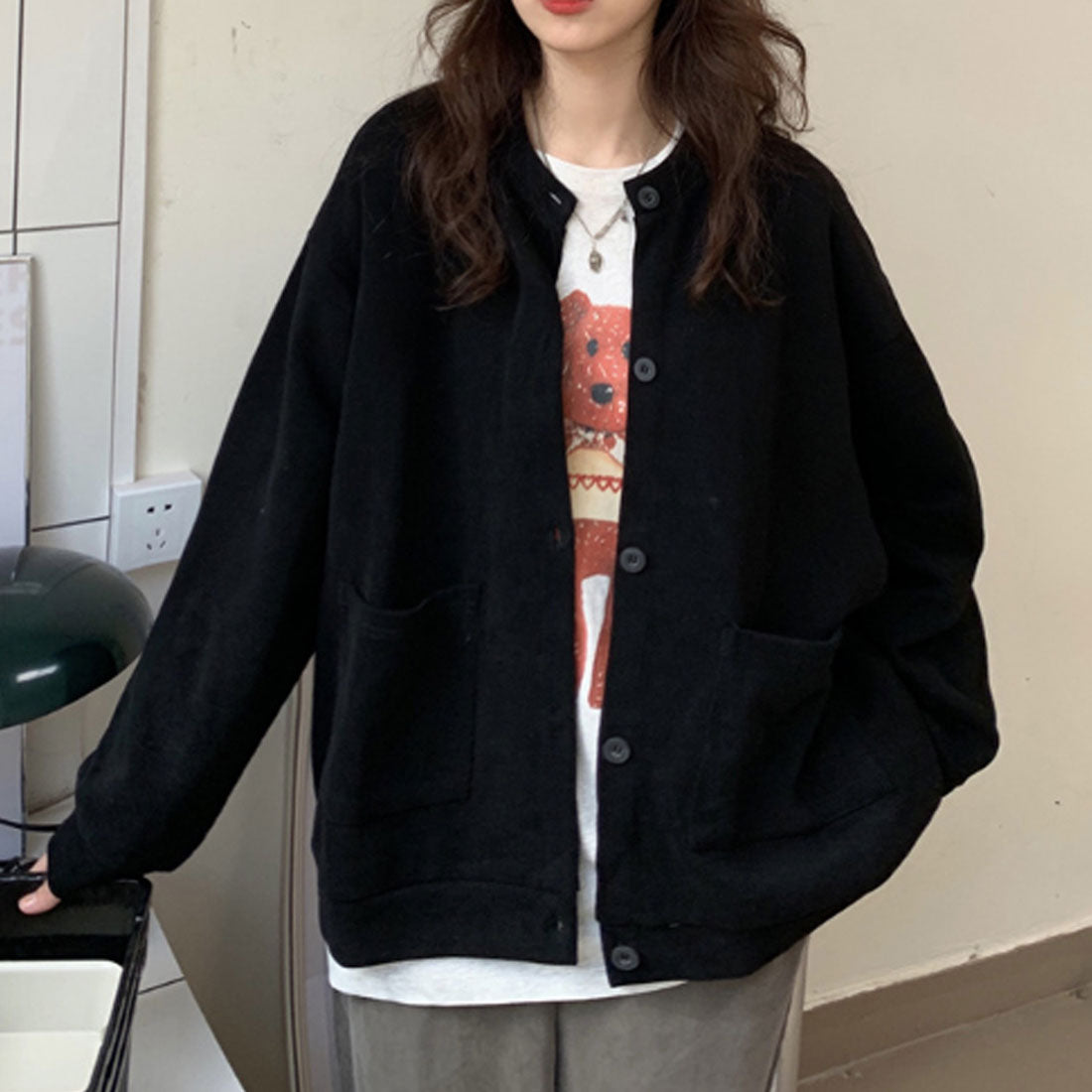 アミュレット Amulet オーバーサイズカーディガン レディース トップス 長袖 無地 秋服 冬服 10代 20代 30代 韓国ファッション ストリート シンプル ドロップショルダー （ホワイト） ホワイト