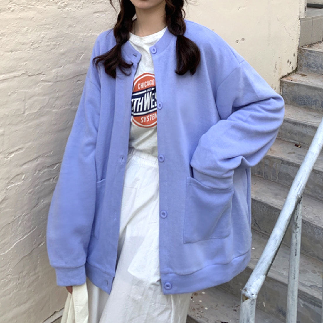 アミュレット Amulet オーバーサイズカーディガン レディース トップス 長袖 無地 秋服 冬服 10代 20代 30代 韓国ファッション ストリート シンプル ドロップショルダー （ブルー） ブルー