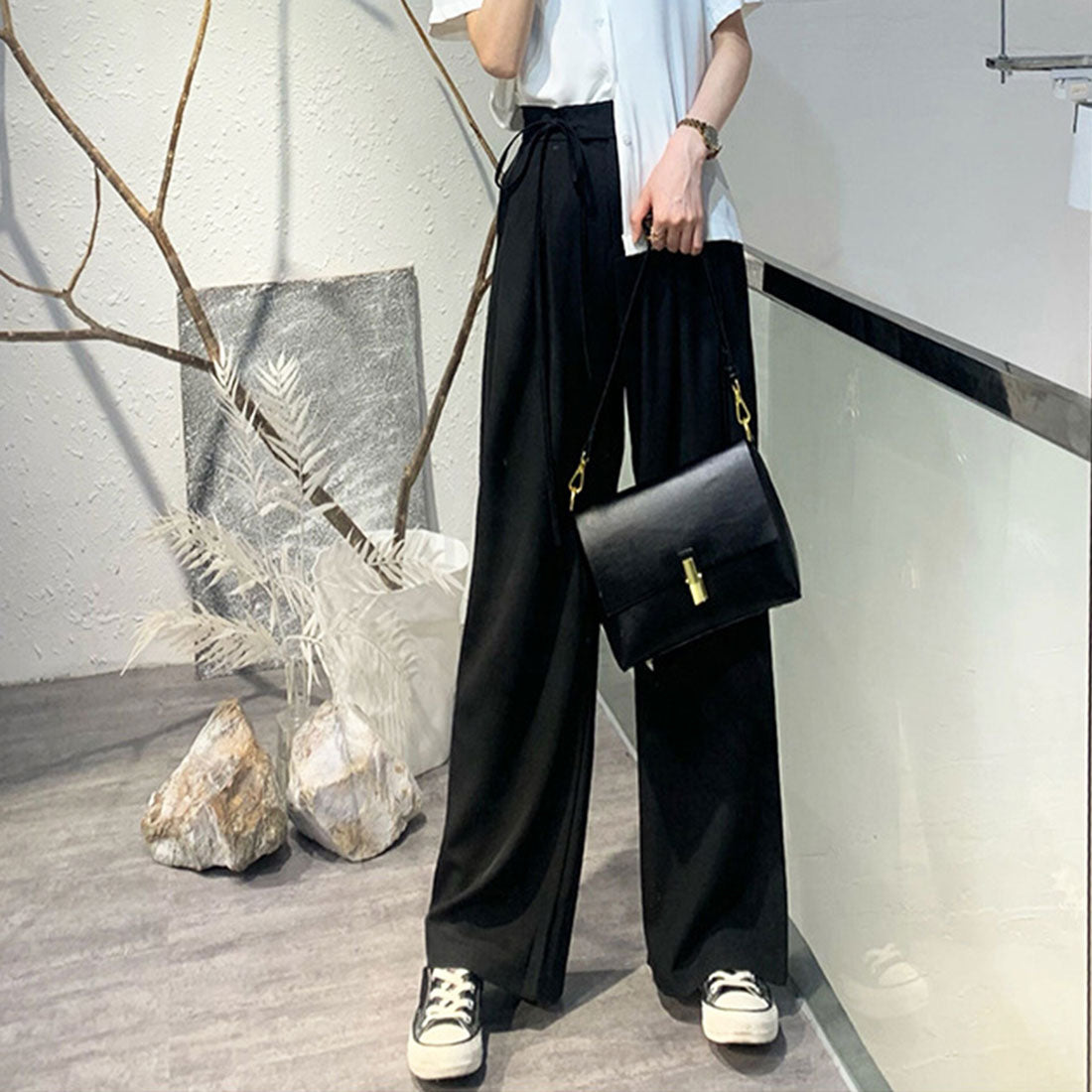 アミュレット Amulet サイドリボンワイドパンツ レディース ボトムス 秋服 春服 無地 フルレングス 10代 20代 30代 韓国ファッション 韓国 大きいサイズ ストリート
