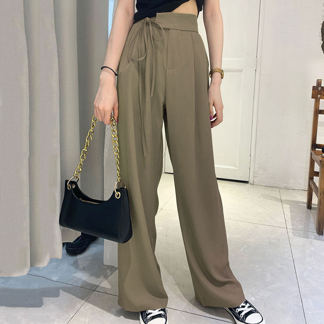 アミュレット Amulet サイドリボンワイドパンツ レディース ボトムス 秋服 春服 無地 フルレングス 10代 20代 30代 韓国ファッション 韓国 大きいサイズ ストリート