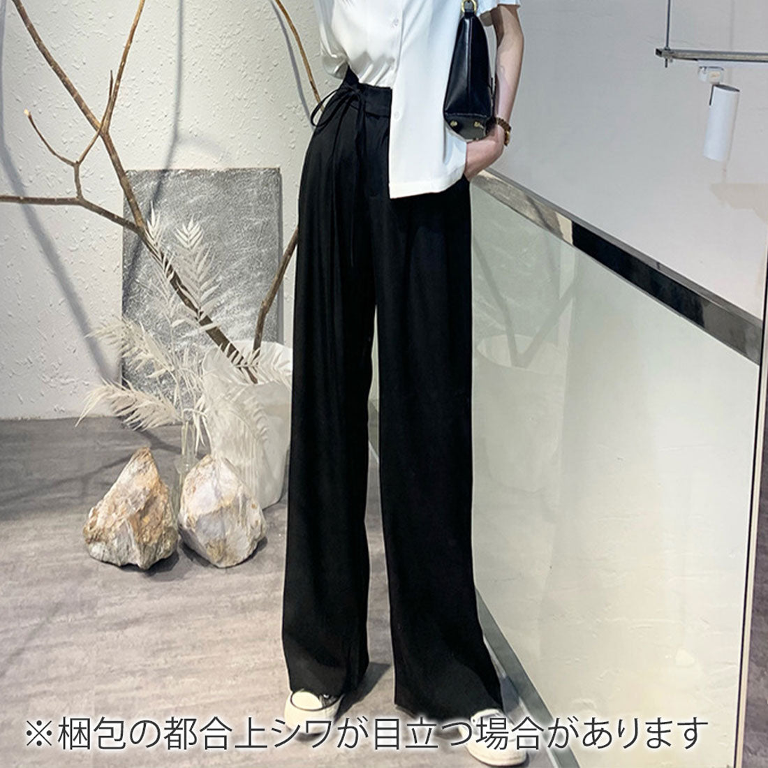アミュレット Amulet サイドリボンワイドパンツ レディース ボトムス 秋服 春服 無地 フルレングス 10代 20代 30代 韓国ファッション 韓国 大きいサイズ ストリート