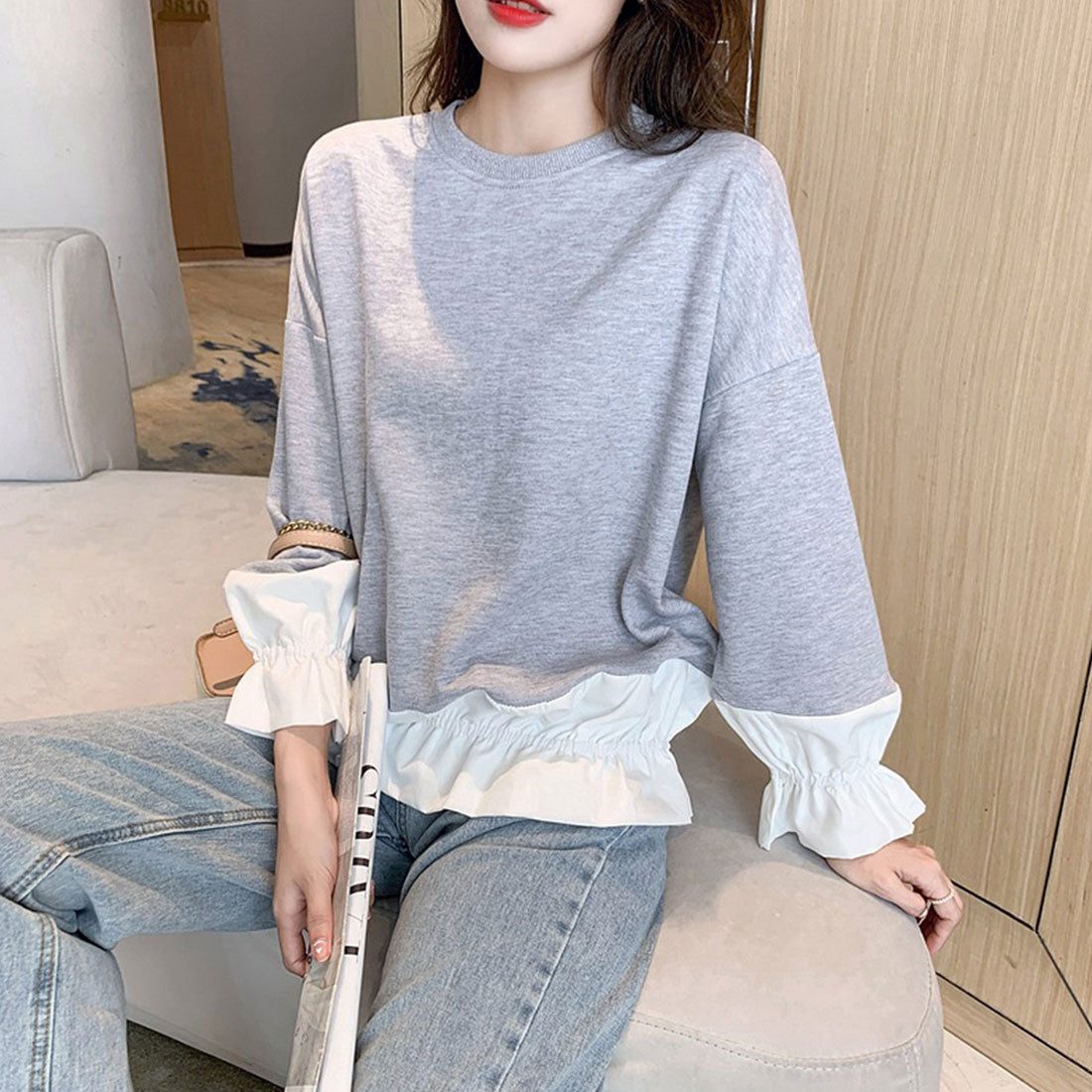 Amulet Docking Pullover Shirt Tops Women's Casual Teens 20s 30s Korean Fashion Korea Layered Spring Autumn Clothes Mix and Match