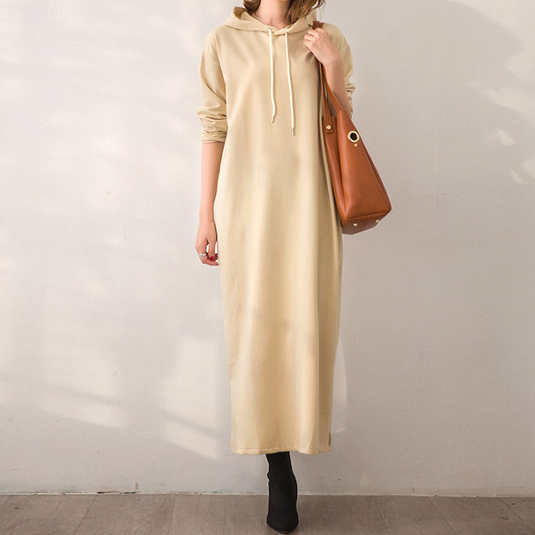 Amulet Women's Hoodie Dress, Long, for Teens, 20s, 30s, Korean Fashion, Korean, Casual, Spring, Autumn, Plain, Long Sleeves, Large Size, Simple