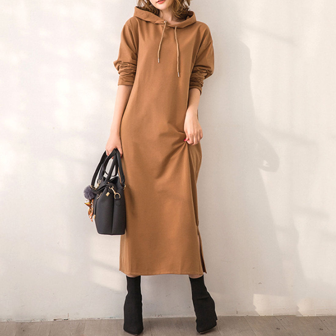 Amulet Women's Hoodie Dress, Long, for Teens, 20s, 30s, Korean Fashion, Korean, Casual, Spring, Autumn, Plain, Long Sleeves, Large Size, Simple