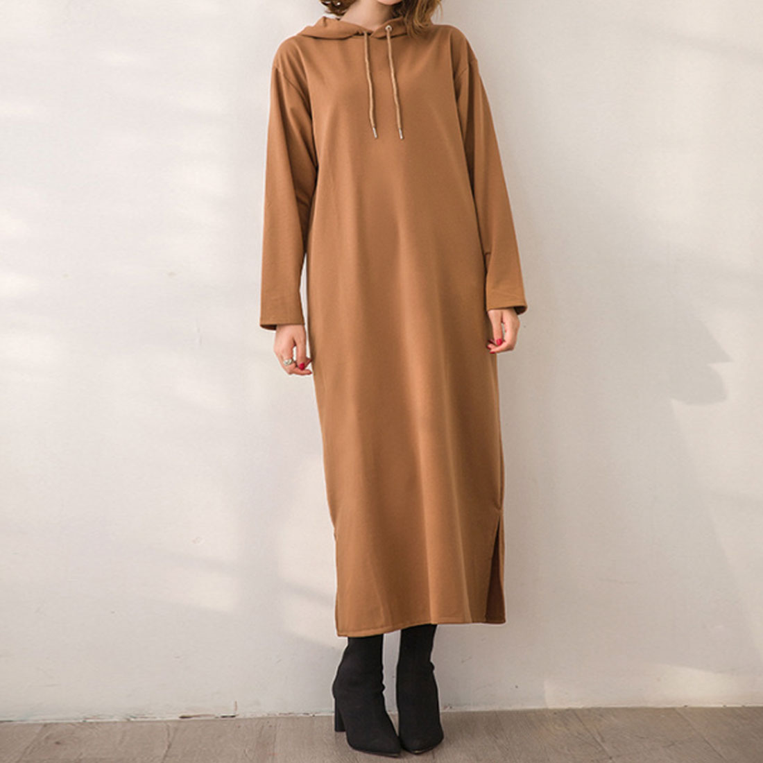 Amulet Women's Hoodie Dress, Long, for Teens, 20s, 30s, Korean Fashion, Korean, Casual, Spring, Autumn, Plain, Long Sleeves, Large Size, Simple