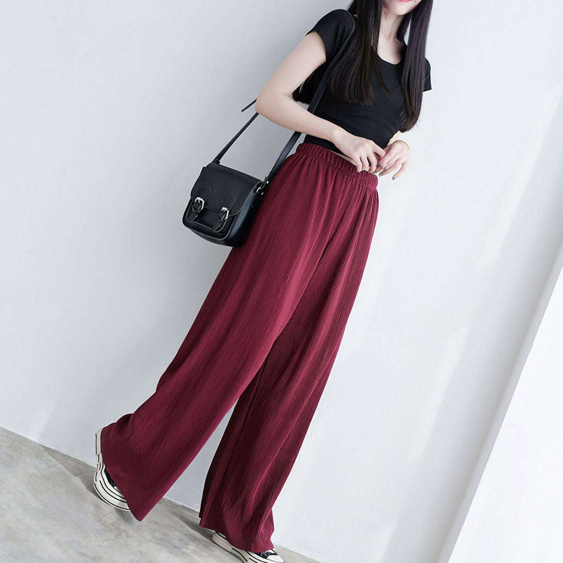 アミュレット Amulet プリーツワイドロングパンツ レディース ボトムス 春服 夏 10代 20代 30代 韓国ファッション フレアパンツ 大きいサイズ ストリート