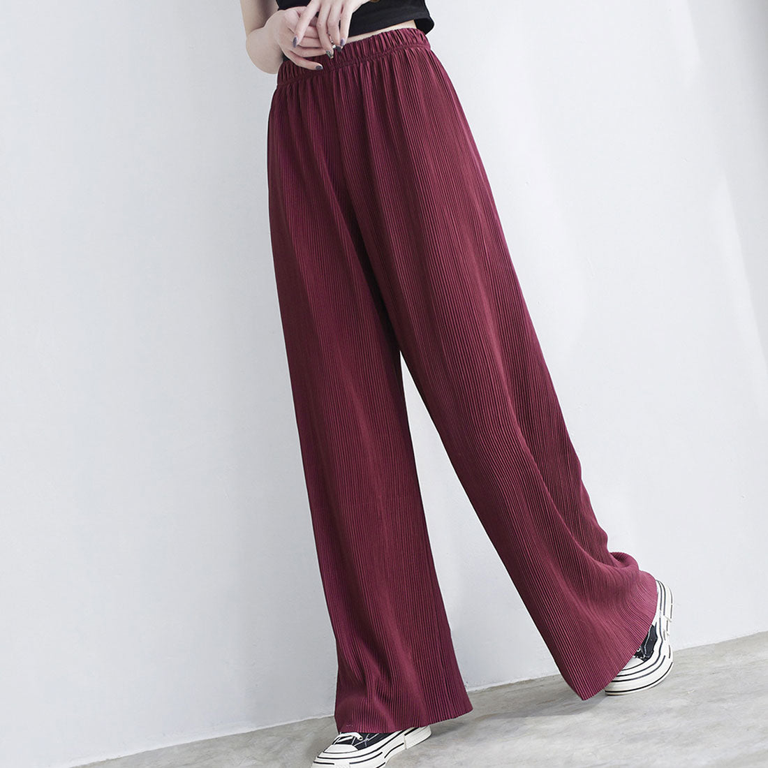 アミュレット Amulet プリーツワイドロングパンツ レディース ボトムス 春服 夏 10代 20代 30代 韓国ファッション フレアパンツ 大きいサイズ ストリート,レッド