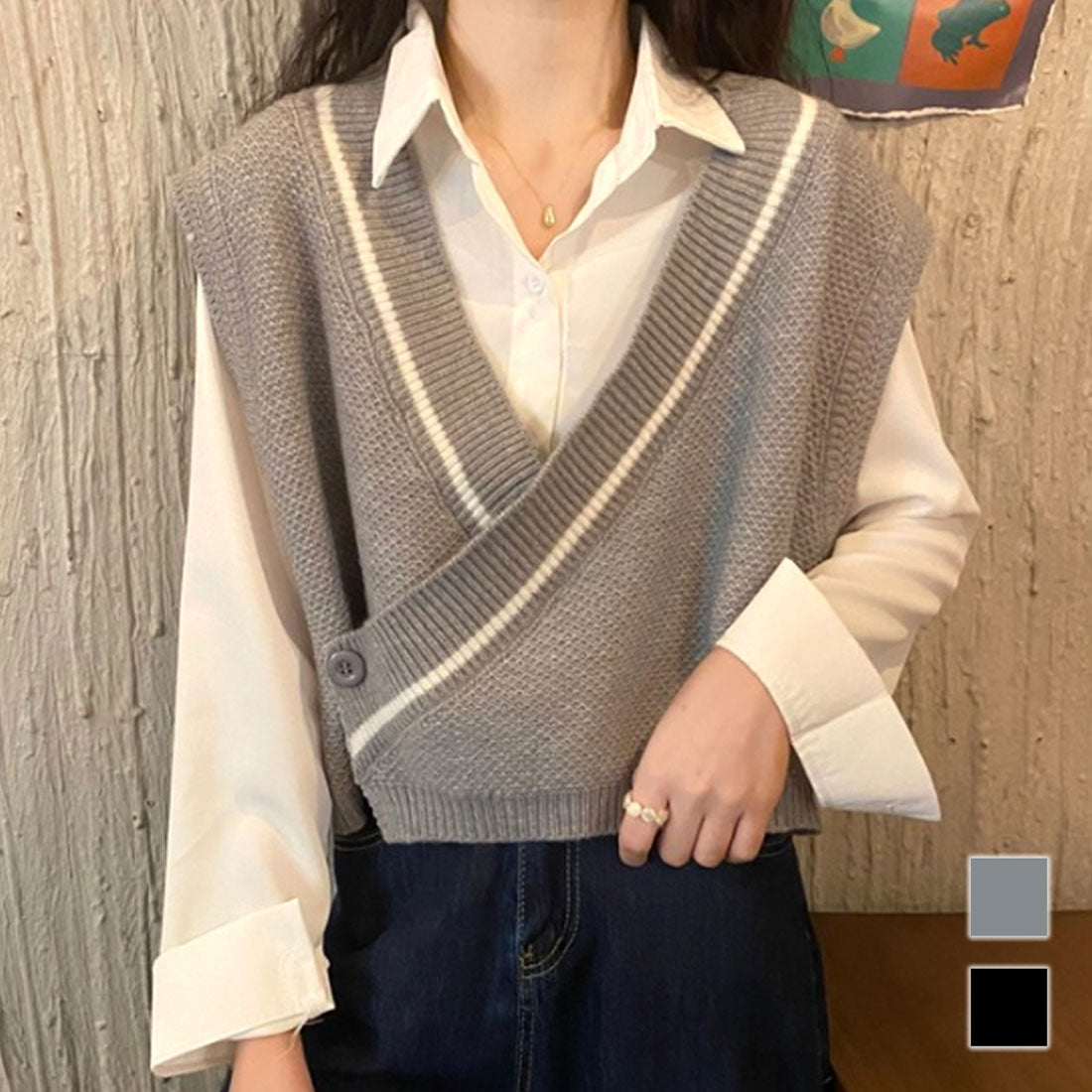 アミュレット Amulet ショート丈Vネックベスト レディース トップス 春服 秋 10代 20代 30代 韓国ファッション ショート丈 オフィスカジュアル ベーシック 着回し