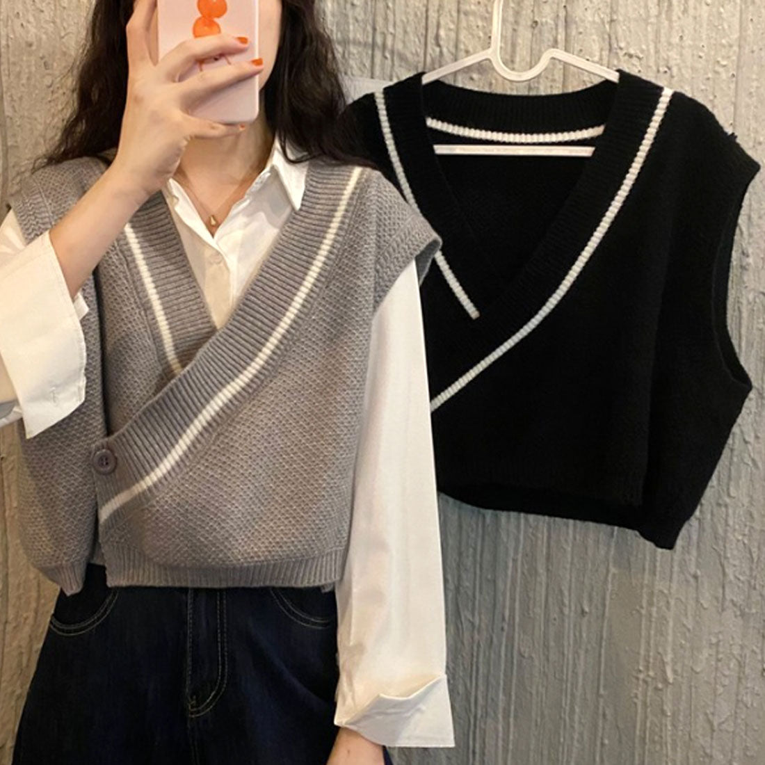 アミュレット Amulet ショート丈Vネックベスト レディース トップス 春服 秋 10代 20代 30代 韓国ファッション ショート丈 オフィスカジュアル ベーシック 着回し