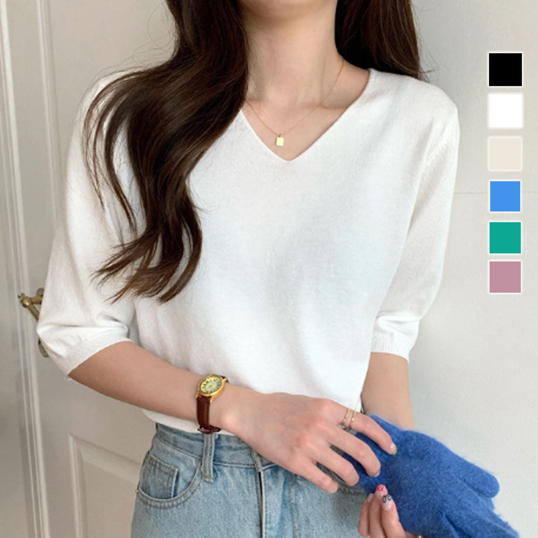 アミュレット Amulet Vネック薄手ニット レディース トップス 五分袖 半袖 無地 春服 夏 秋 10代 20代 韓国ファッション オフィスカジュアル デコルテ キレイめ