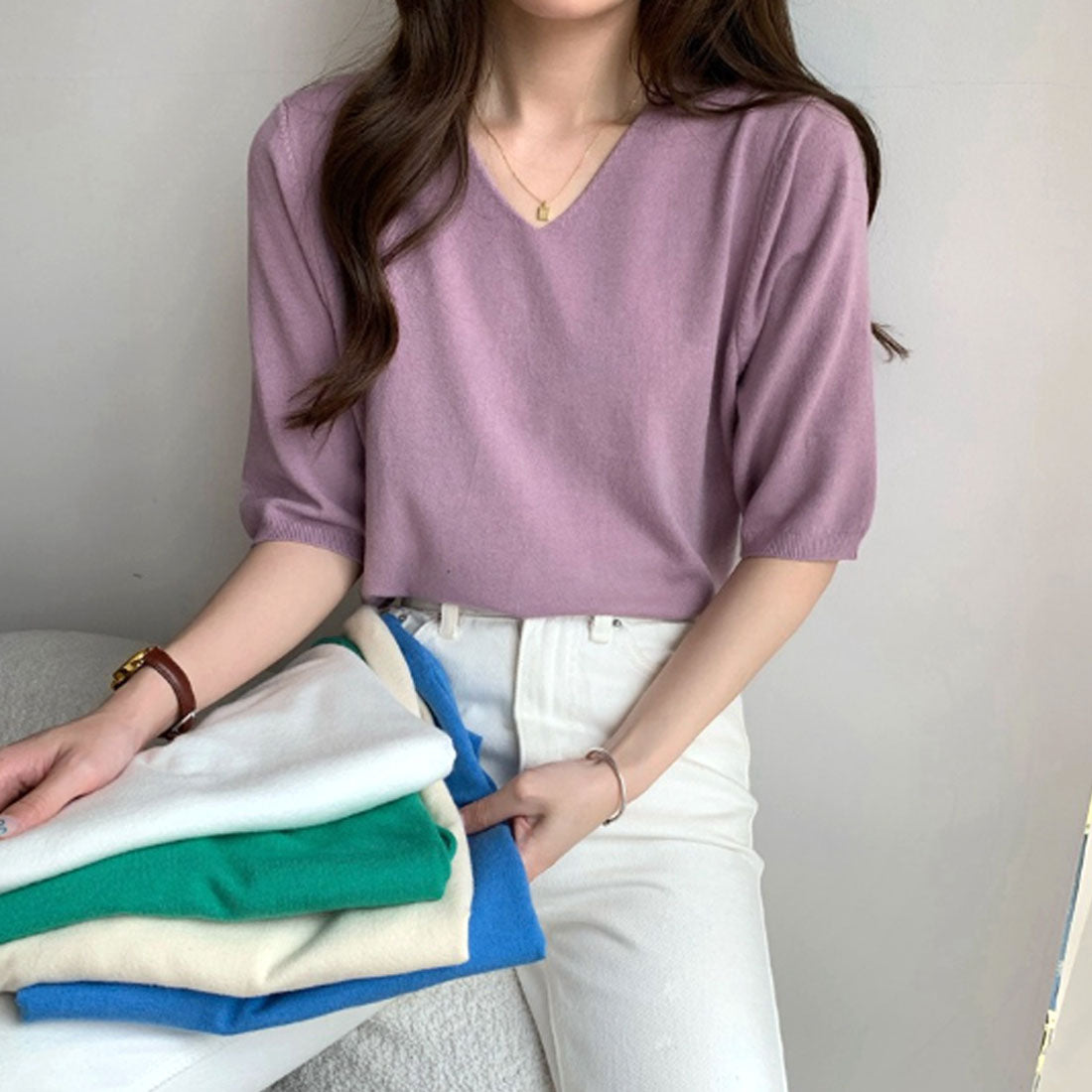 アミュレット Amulet Vネック薄手ニット レディース トップス 五分袖 半袖 無地 春服 夏 秋 10代 20代 韓国ファッション オフィスカジュアル デコルテ キレイめ （ベージュ） ベージュ