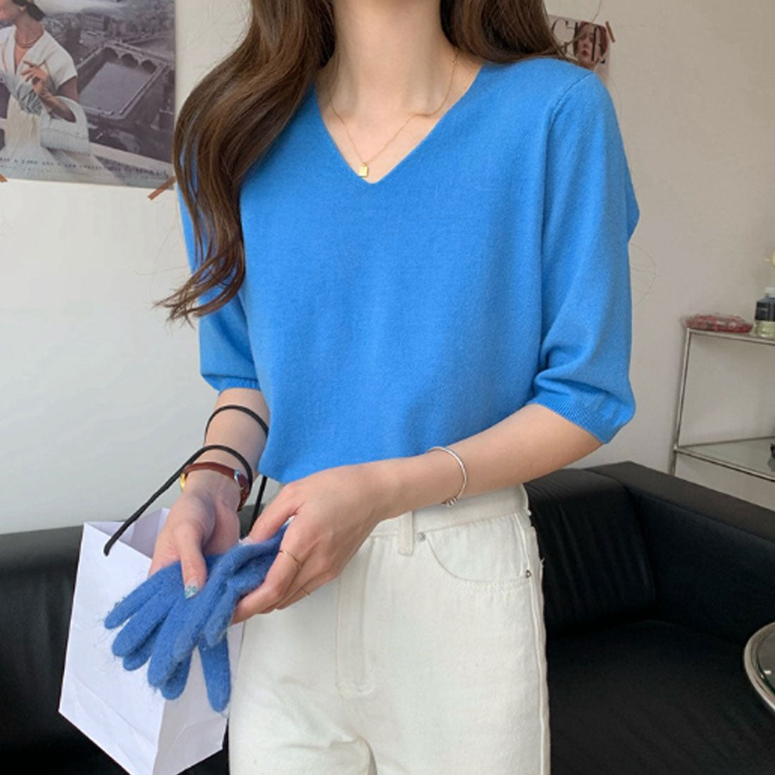 アミュレット Amulet Vネック薄手ニット レディース トップス 五分袖 半袖 無地 春服 夏 秋 10代 20代 韓国ファッション オフィスカジュアル デコルテ キレイめ