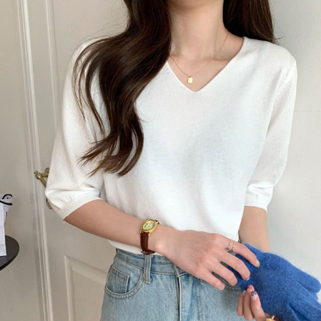 アミュレット Amulet Vネック薄手ニット レディース トップス 五分袖 半袖 無地 春服 夏 秋 10代 20代 韓国ファッション オフィスカジュアル デコルテ キレイめ